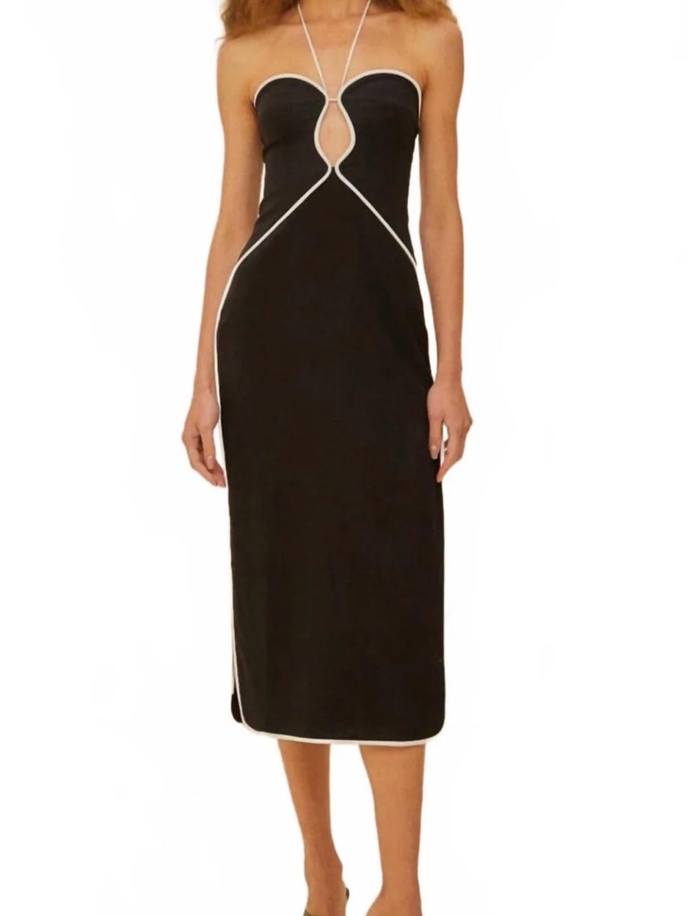 FARM Rio Black Strapless Midi Dress with White Piping